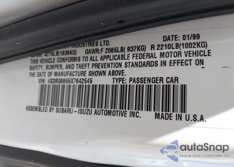 1999 Subaru Legacy 30Th Ann. Outback Ltd./Outback из США, поврежденный, VIN 4S3BG6855X7642545